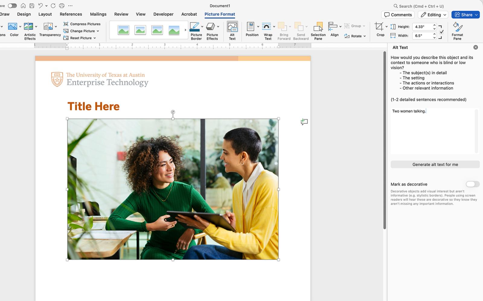 Screenshot of Microsoft Word with a photo in the document and applying alternative text to the image.