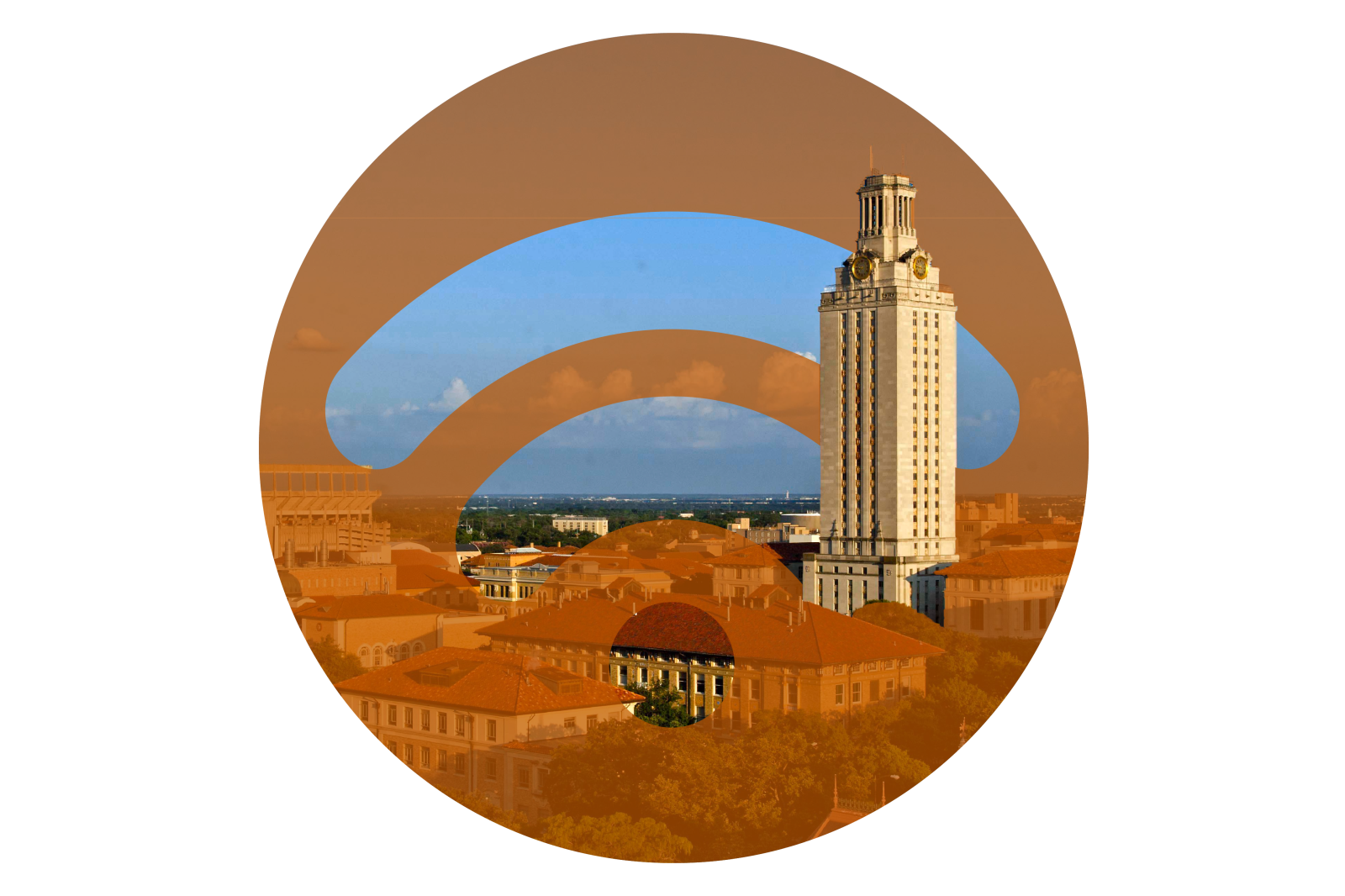 Image of the UT Austin Campus with the wifi symbol.