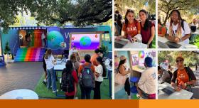 A collage of canva event photos. Students engaging on laptops and working in Canva.