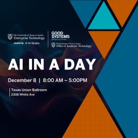 AI in a Day event details with triangular graphic elements.