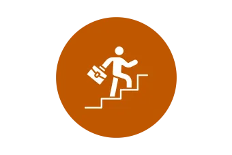 burnt orange circle with professional walking up the stairs