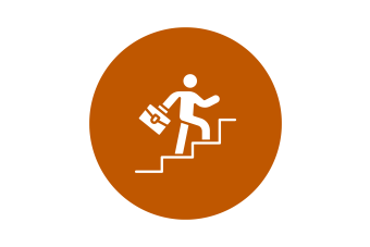 burnt orange circle with professional walking up the stairs