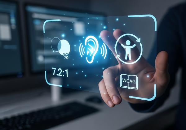 Image of a hand pushing on a button that has digital accessibility symbols.