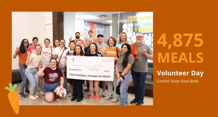 volunteer photo of employees with text saying "4,875 meals"