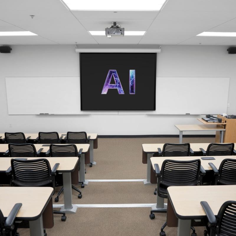 AI text displayed on a screen in a college classroom.